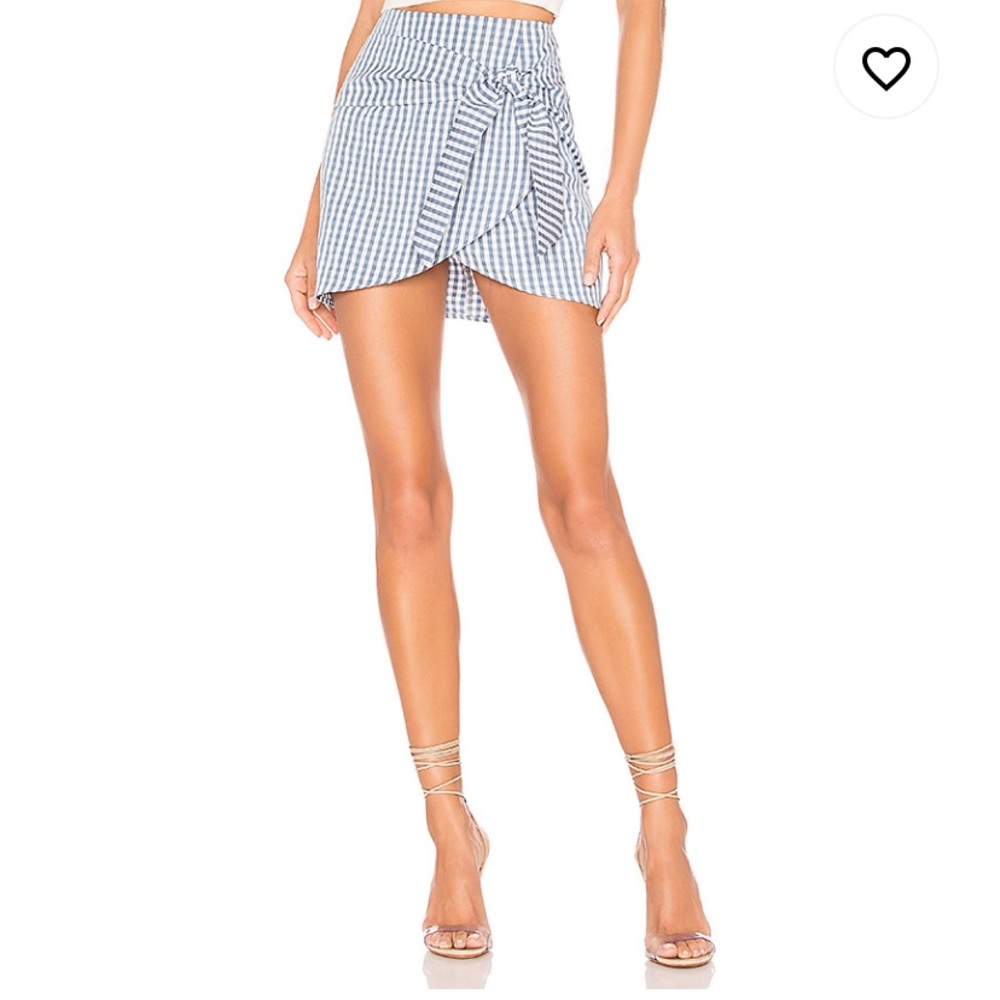 Blue and white gingham front tie skirt